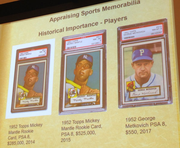 Demonstrating the difference in value between Mickey Mantle rookie cards based on their condition, contrasted with a lesser known player