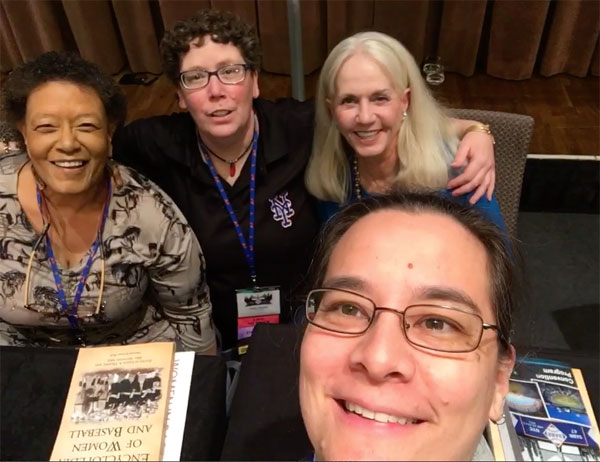 Claire Smith, Leslie Heaphy, Perry Barber, and yours truly taking a selfie after the Women in Baseball committee meeting at SABR 47